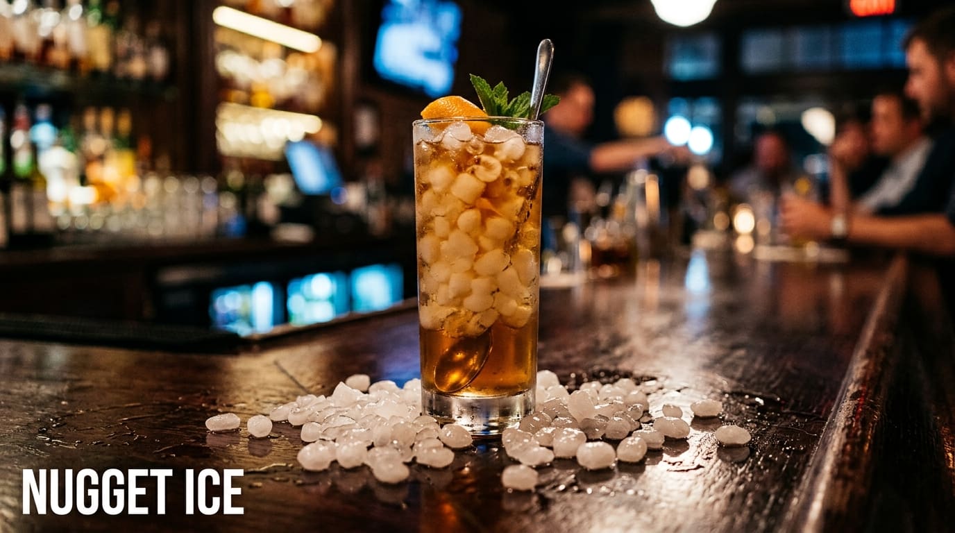 A highball glass with soft nugget ice pellets (pea-sized) and a dark cocktail.
