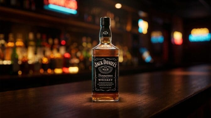 Jack Daniel's Tennessee Whiskey bottle on a dark bar.
