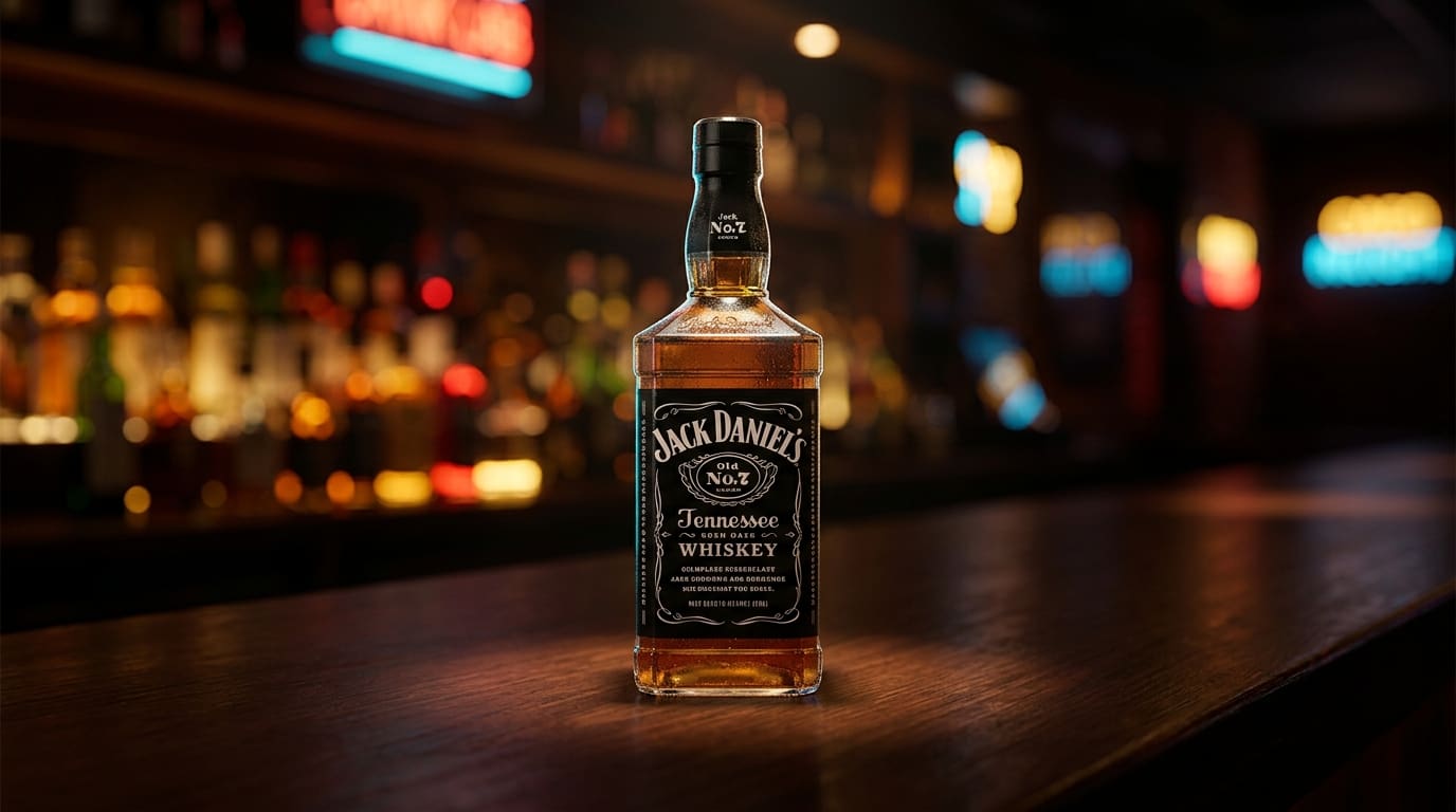 Jack Daniel's Tennessee Whiskey bottle on a dark bar.