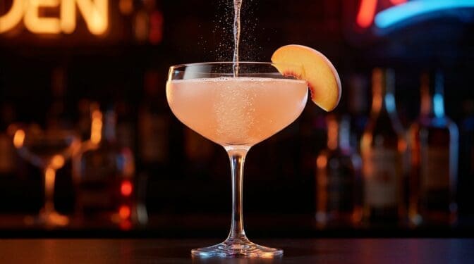 Jacuzzi cocktail in a flute or coupe, pale peach-pink colour with fine bubbles, optional peach slice garnish