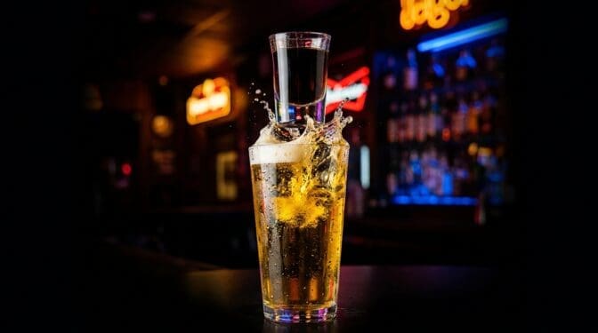 Jagerbomb shot of Jagermeister dropping into a pint glass of Red Bull with foaming carbonation
