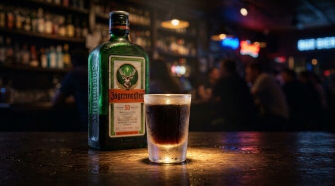 Frosted shot glass of chilled Jagermeister herbal liqueur on a dark wooden bar