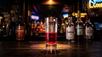 Jelly Bean layered shot with raspberry liqueur on the bottom and clear Sambuca on top