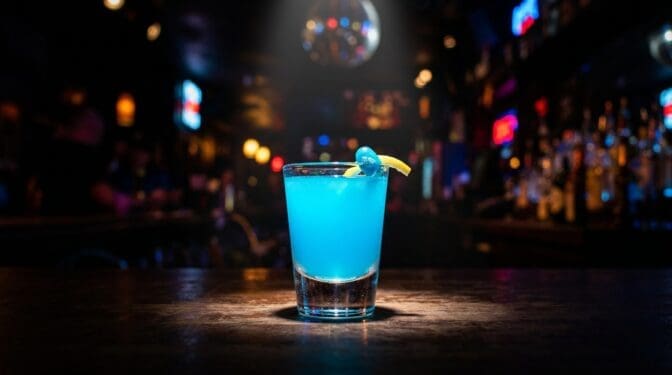 Jelly Belly shot in a shot glass with bright blue colour from vodka, blue curacao and lemonade