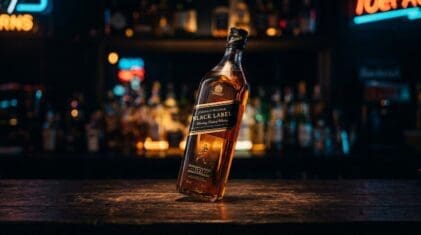 Johnnie Walker Black Label bottle on a dark bar.
