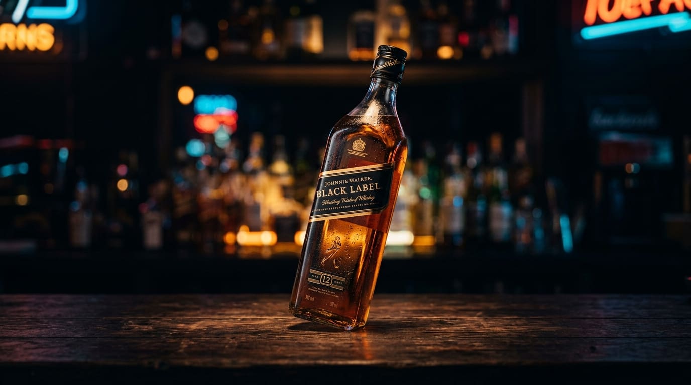 Johnnie Walker Black Label bottle on a dark bar.