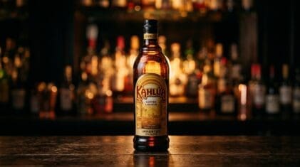 Kahlua coffee liqueur bottle on a dark bar.