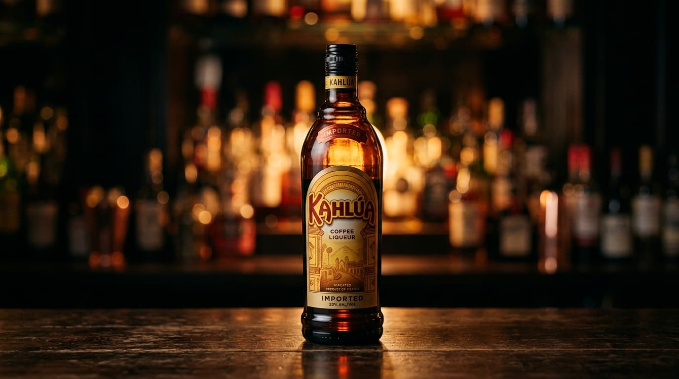Kahlua coffee liqueur bottle on a dark bar.