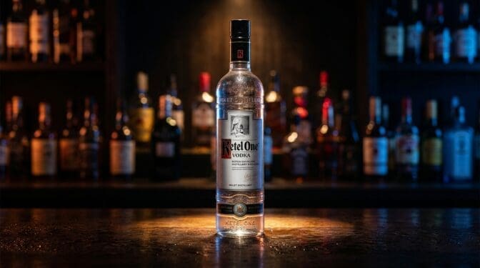 Ketel One vodka bottle on a dark bar.