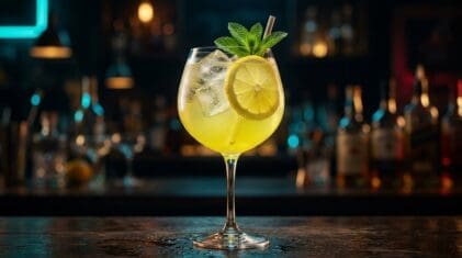 A Limoncello Spritz in a large stemmed wine glass, pale lemon-yellow sparkling drink over ice, fresh lemon wheel and mint sprig garnish, dark bar background.
