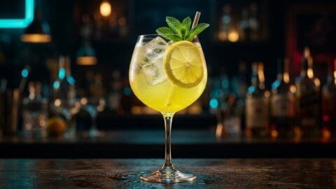 A Limoncello Spritz in a large stemmed wine glass, pale lemon-yellow sparkling drink over ice, fresh lemon wheel and mint sprig garnish, dark bar background.