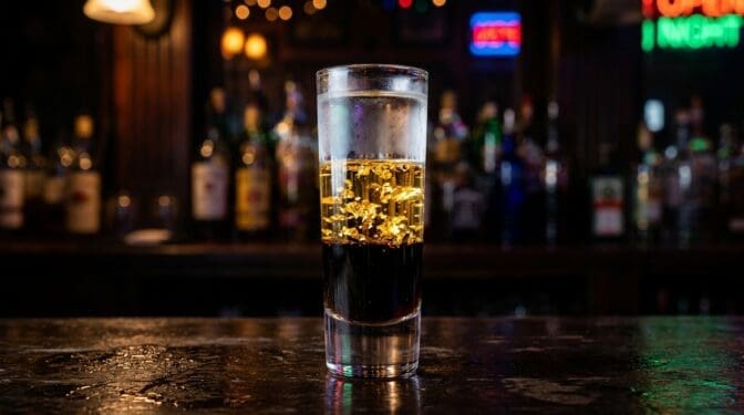 Liquid Cocaine layered shot with Jagermeister, Goldschlager (gold flakes visible) and Rumple Minze