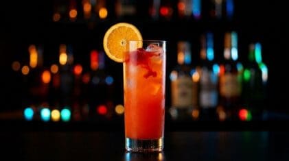 Madras cocktail in a tall highball glass over ice with vodka, cranberry and orange juice, orange wheel garnish
