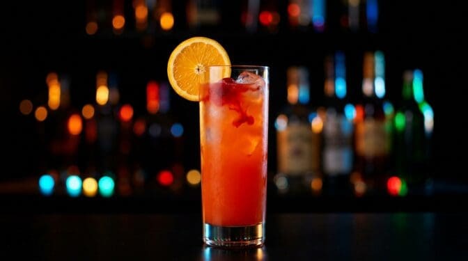 Madras cocktail in a tall highball glass over ice with vodka, cranberry and orange juice, orange wheel garnish