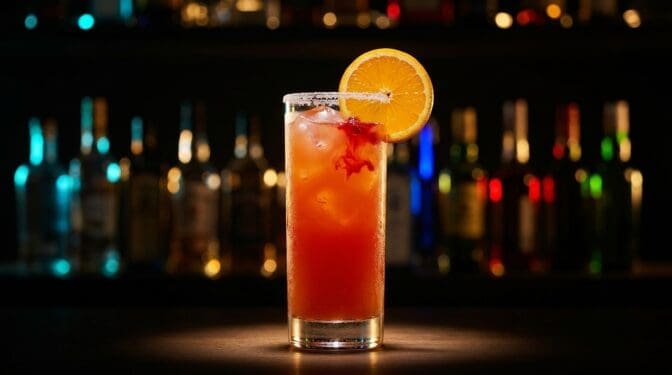 Madras cocktail in a tall highball glass over ice with vodka, cranberry and orange juice, orange wheel garnish