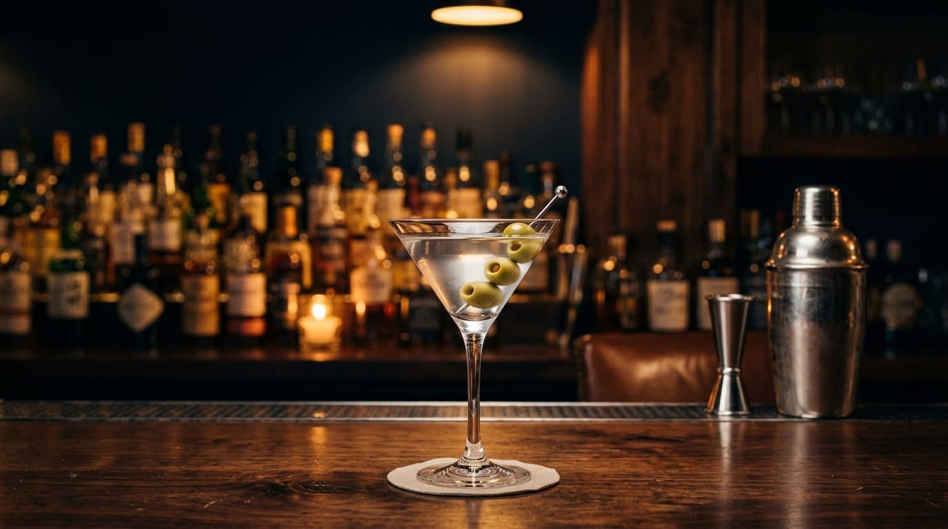 Classic dry martini with three olives in a candle-lit speakeasy