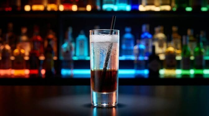 Mind Eraser shot in a tall shot glass with layered Kahlua, vodka and soda water with a straw