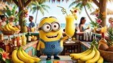 Yellow goggle-eyed minion character holding a banana cocktail with curly straw