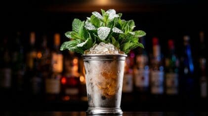 Mint Julep cocktail in a frosted silver julep cup with crushed ice and a large fresh mint bouquet