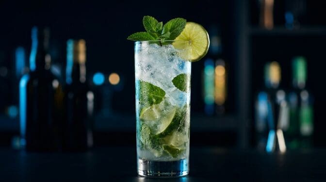 Mojito cocktail: white rum, mint, lime, sugar, soda.