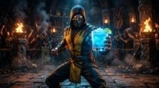 Yellow-and-black masked warrior holding glowing electric blue cocktail in tournament arena