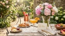 Outdoor brunch table with mimosas, peony bouquet, and a card reading For Mum