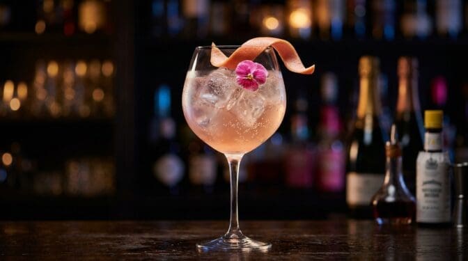 A Mother's Day Spritz in a large wine glass, pale pink grapefruit-and-elderflower spritz over ice, grapefruit twist and an edible flower garnish, elegant dark bar setting.