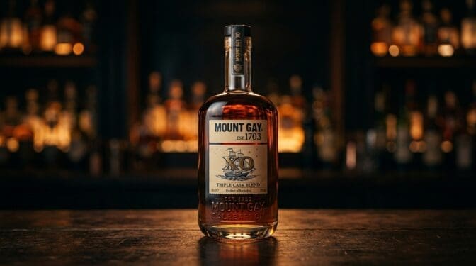 Mount Gay XO Barbados rum bottle on a dark bar.