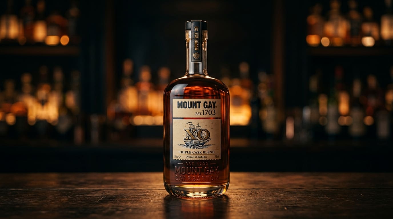 Mount Gay XO Barbados rum bottle on a dark bar.