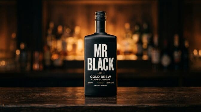 Mr Black coffee liqueur bottle on a dark bar.