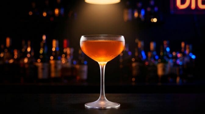 Naked and Famous cocktail in a chilled coupe glass with mezcal, Aperol and Yellow Chartreuse, vivid orange colour