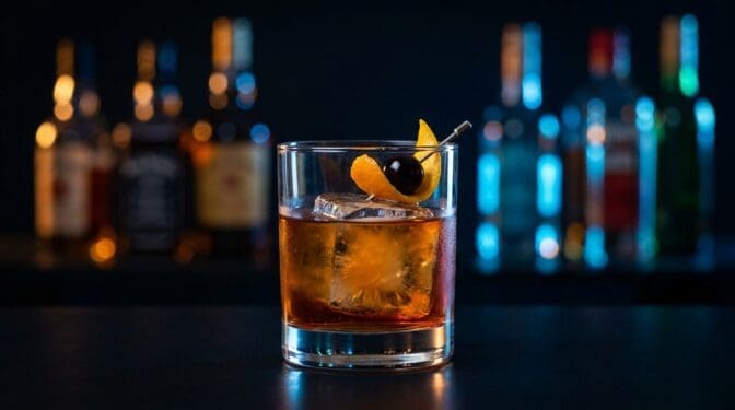 Old Fashioned cocktail: bourbon, sugar, bitters, orange peel, large ice cube.