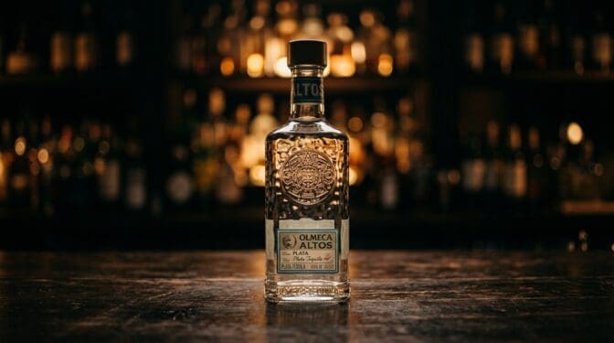 Olmeca Altos Plata tequila bottle on a dark bar.