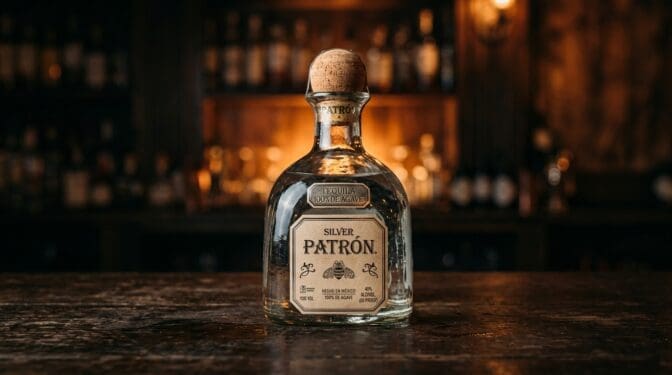 Patron Silver tequila bottle on a dark bar.
