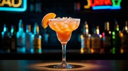 Peach Margarita in a salt-rimmed margarita glass, peachy-orange colour with fresh peach slice garnish