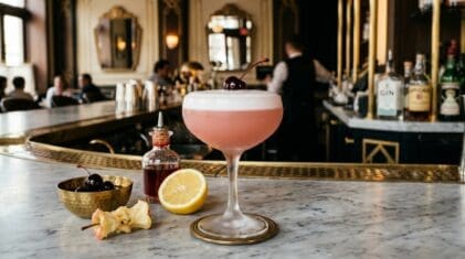Pink Lady cocktail - 1920s pink drink with cherry