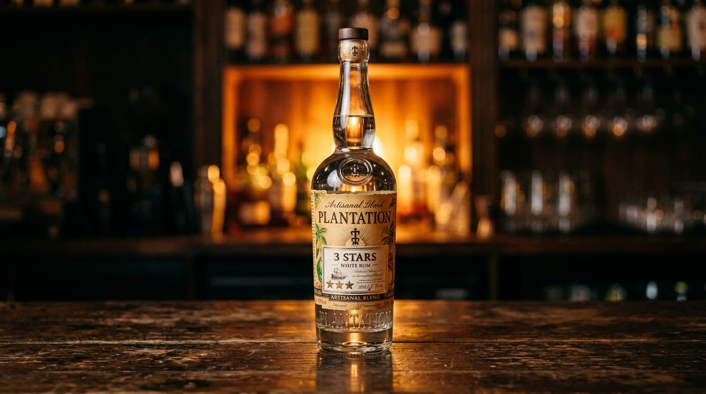 Plantation 3 Stars white rum bottle on a dark bar.