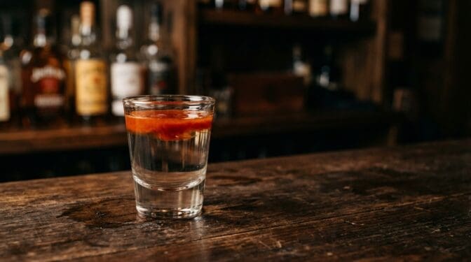 Prairie Fire shot of tequila with hot sauce in a shot glass