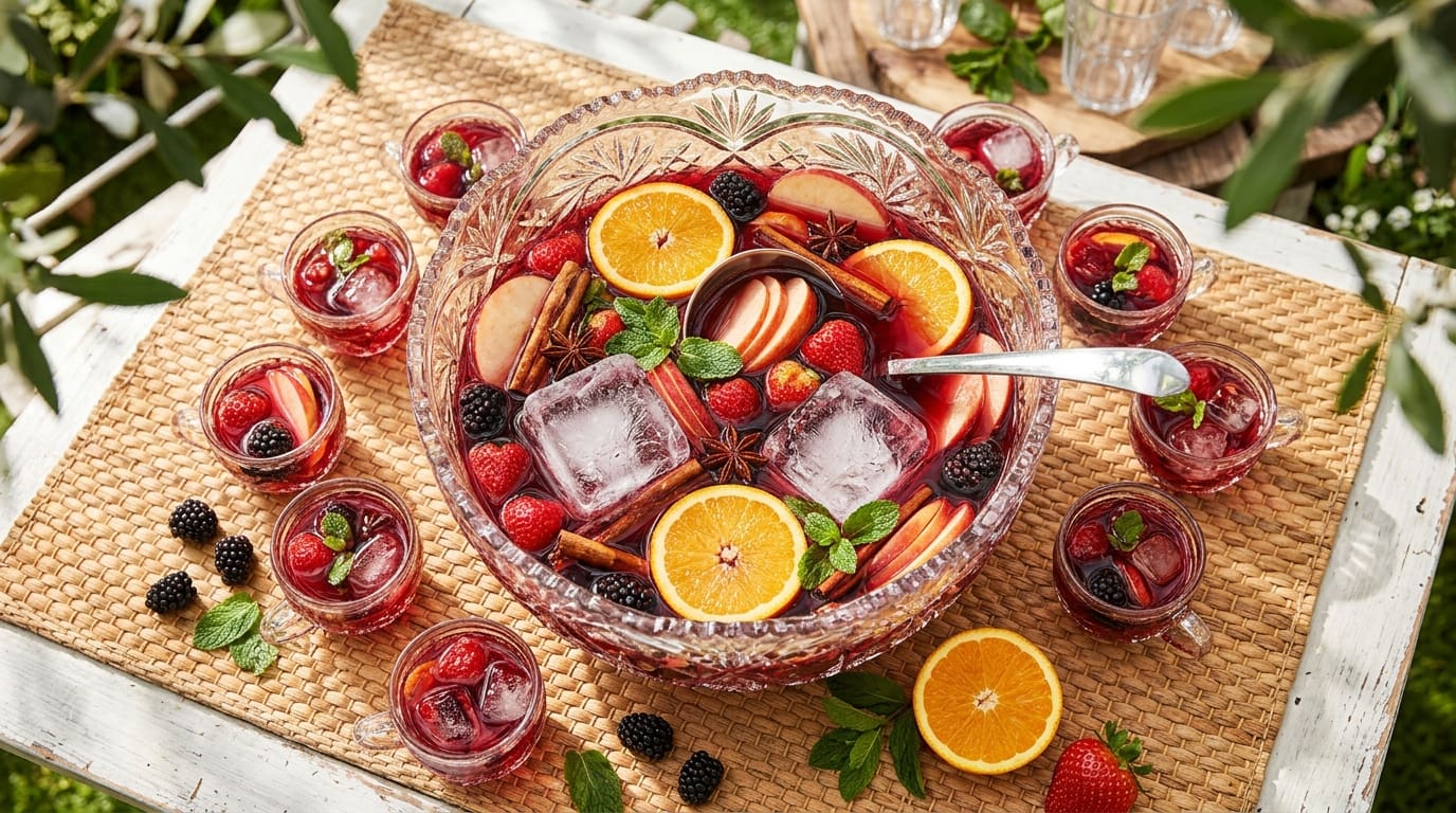 Overflowing sangria punch bowl at a garden party