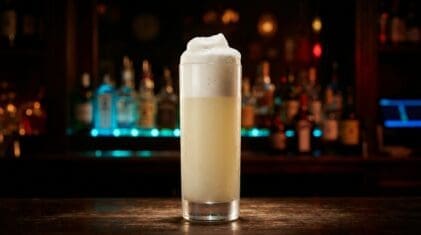 Ramos Gin Fizz cocktail in a tall fizz glass with towering frothy egg white head extending above the rim