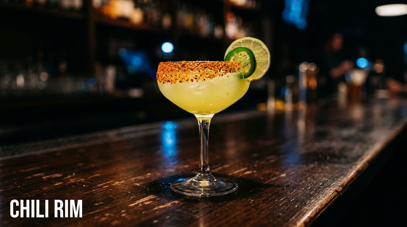A Spicy Margarita with a vivid red-orange chili salt rim and a jalapeno slice on the rim.