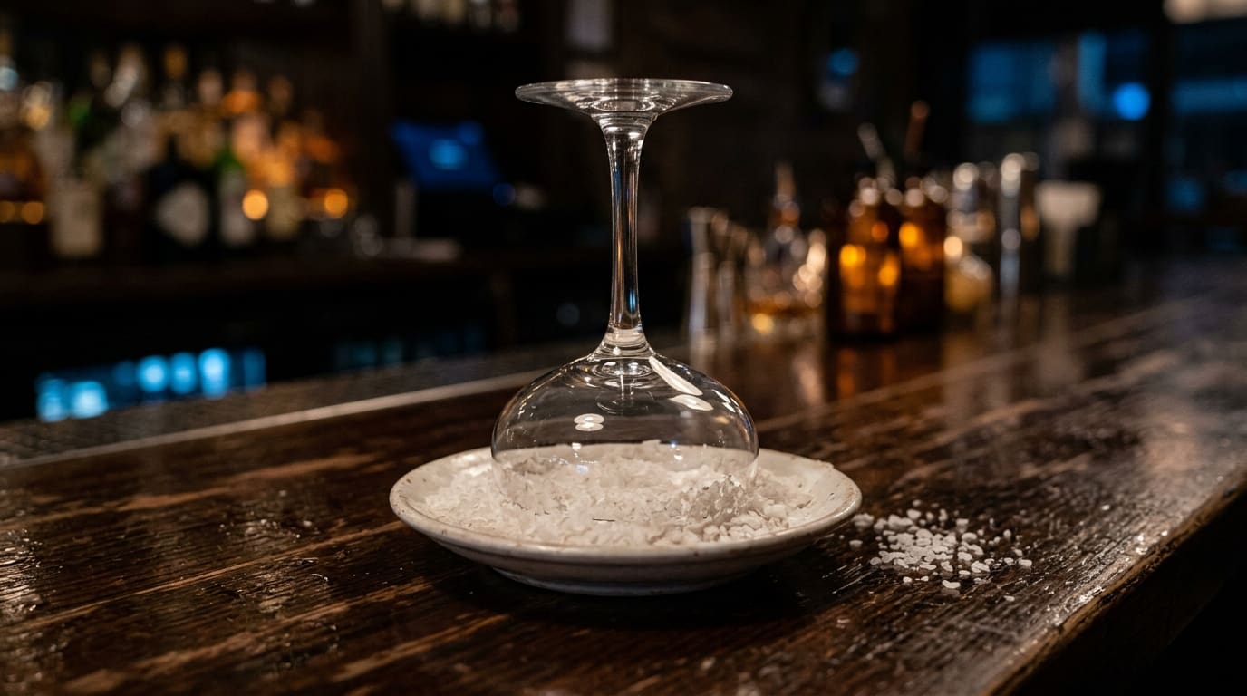 A coupe cocktail glass placed upside down on a dish of flaky sea salt.