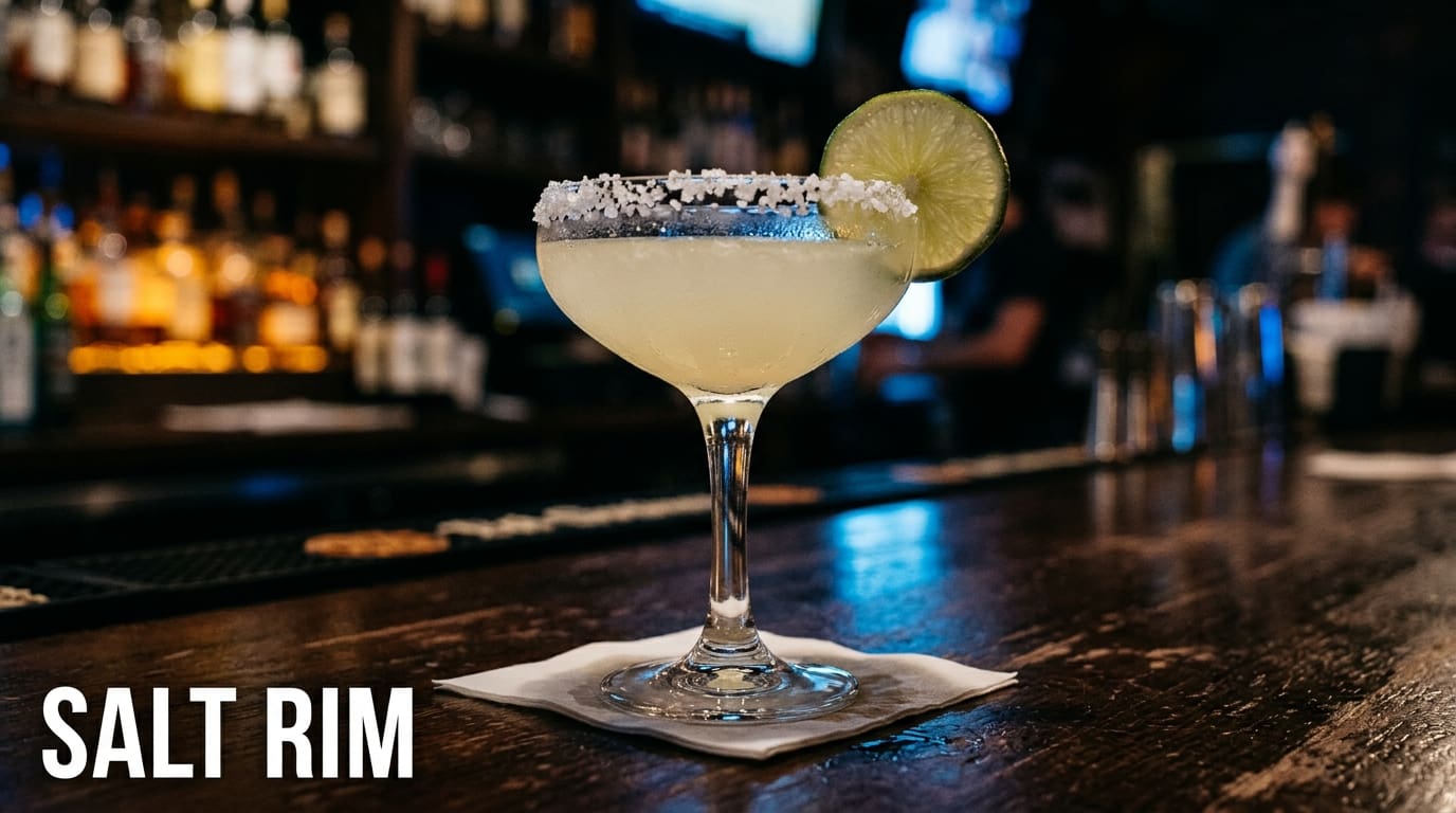 A Margarita in a coupe with a flaky sea salt rim and a lime wheel garnish.