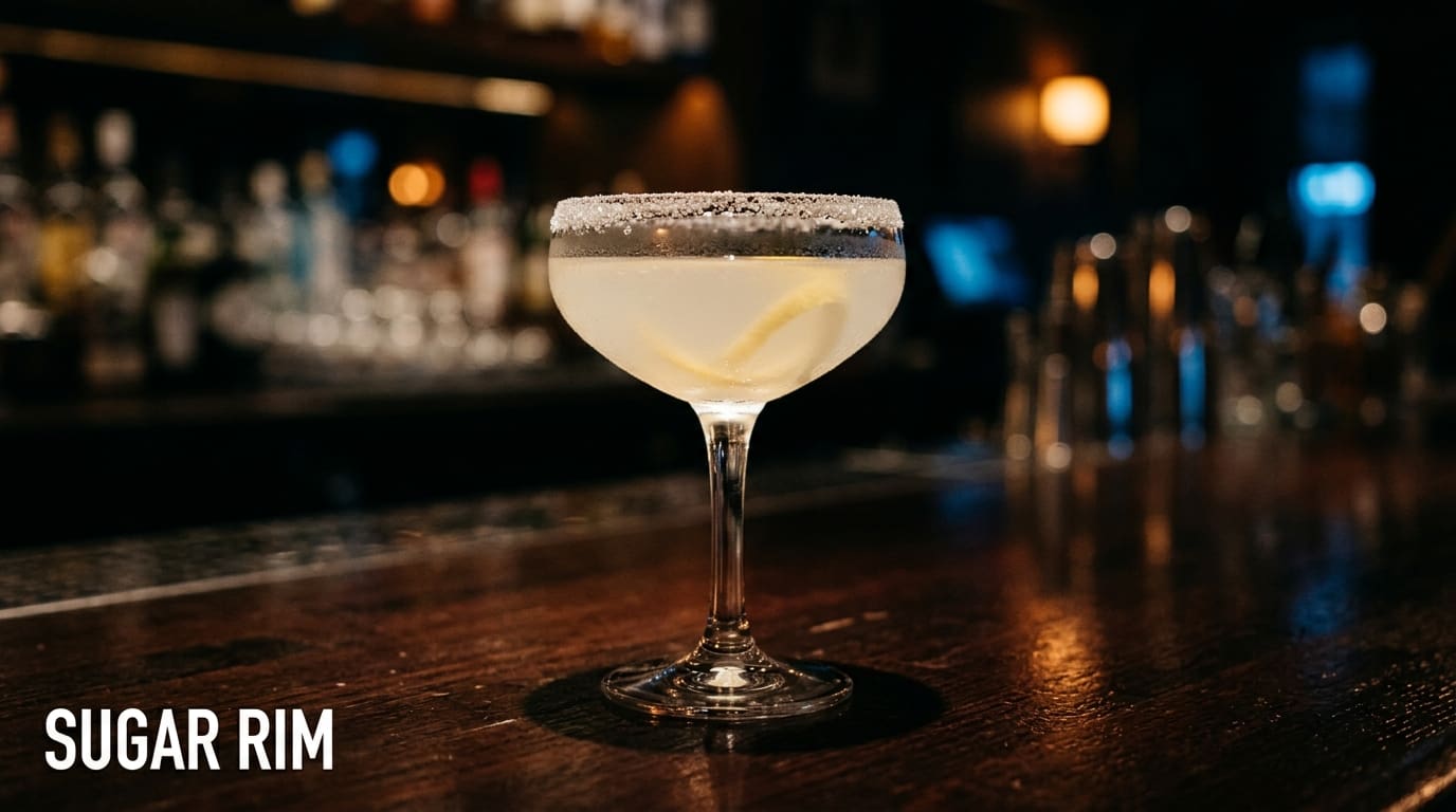 A Lemon Drop Martini in a coupe glass with a fine white sugar rim and a lemon twist.