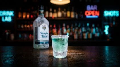 Frozen Rumple Minze shot in a frosted shot glass, clear icy peppermint schnapps