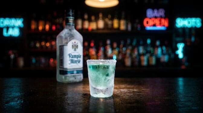 Frozen Rumple Minze shot in a frosted shot glass, clear icy peppermint schnapps