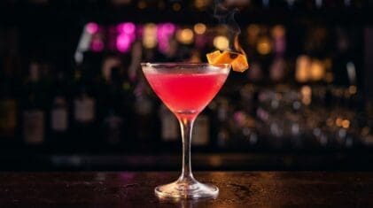 Pink cosmopolitan cocktail with flamed orange peel in a crystal martini coupe