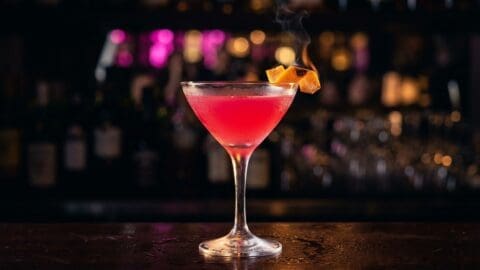 Pink cosmopolitan cocktail with flamed orange peel in a crystal martini coupe