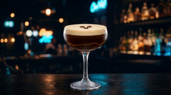 Salted Caramel Espresso Martini in a coupe with caramel drizzle.