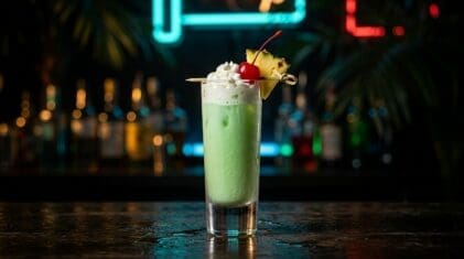 Scooby Snack shot in a tall shot glass with creamy pale green colour from Midori, coconut rum and pineapple